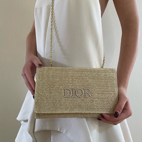 Dior Handbags - DIOR Tan Beige Woven Chain Bag raffia gold chain purse wristlet clutch LOGO